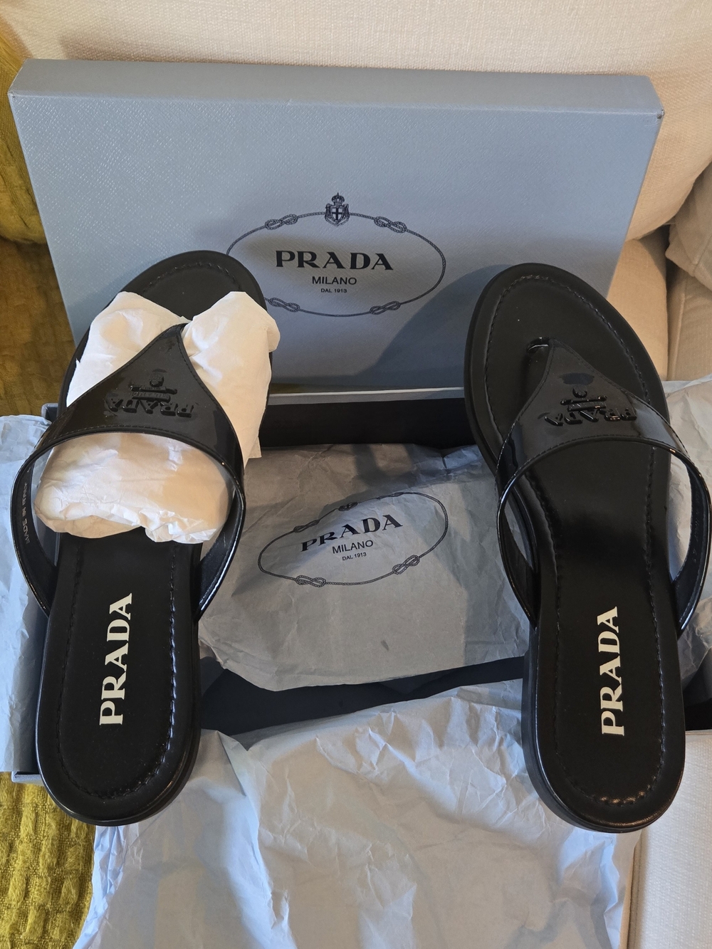 Prada Black Patent Leather Logo Thong Slide Sandals (NIB), Sz 41 (Fits US 9/9.5)